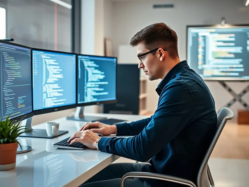 A developer working on a website's backend code, ensuring seamless functionality, database integration, and optimal performance.